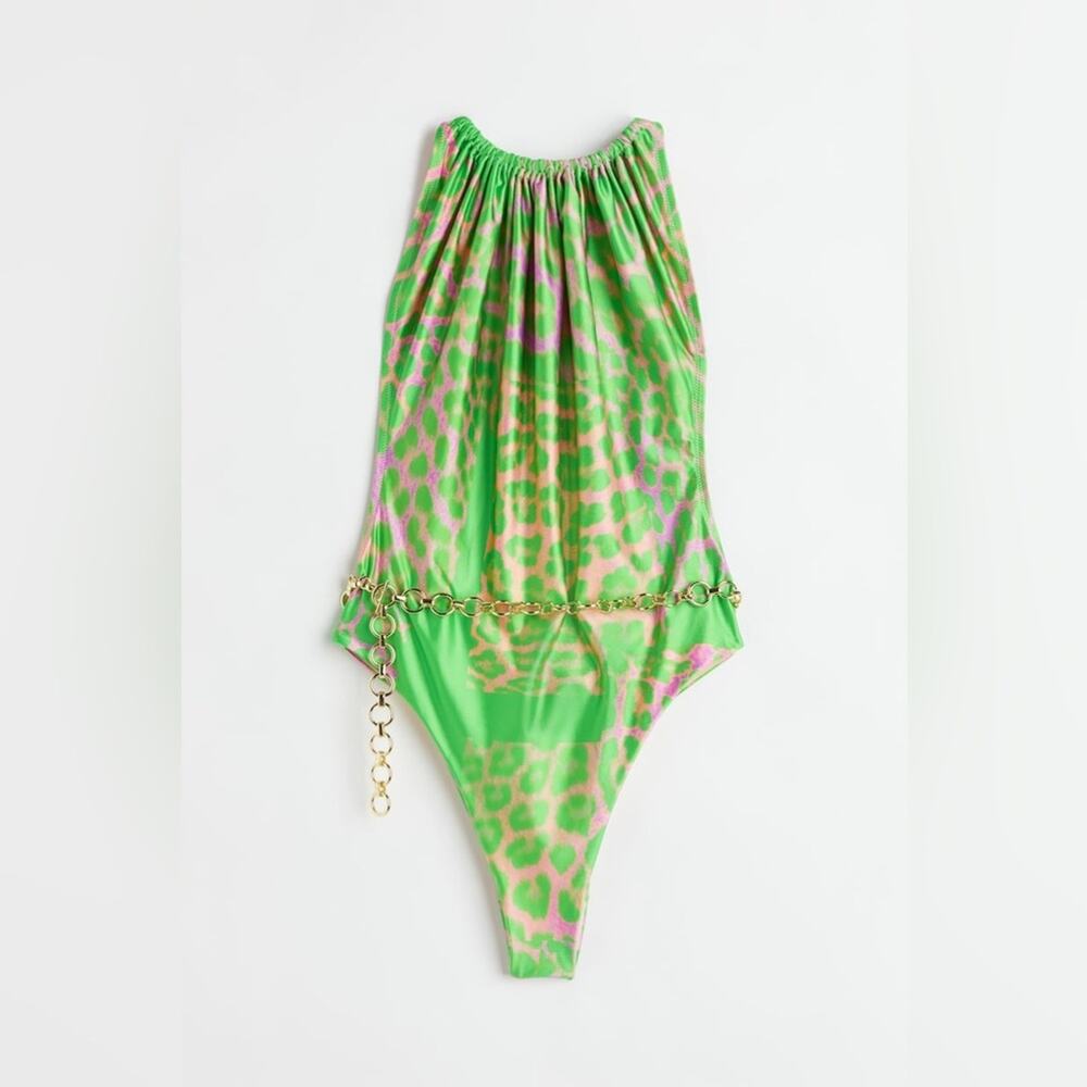 H&M Studio '22 Leopard-print Swimsuit Green Backless Size XL NEW